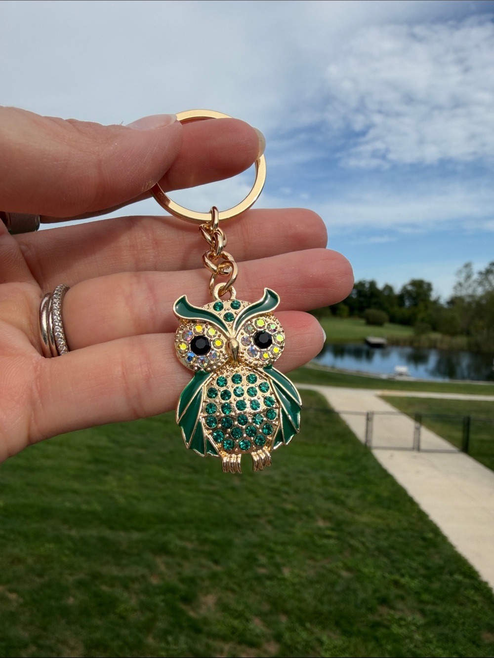 Gold-Tone Green Crystal Owl Keychain Pendant - Women's Jewelry